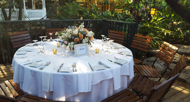 white table setting of round table for 8 people
