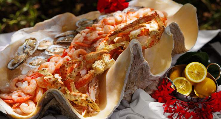 Giant half shell full with oysters, shrimp, and crab claws